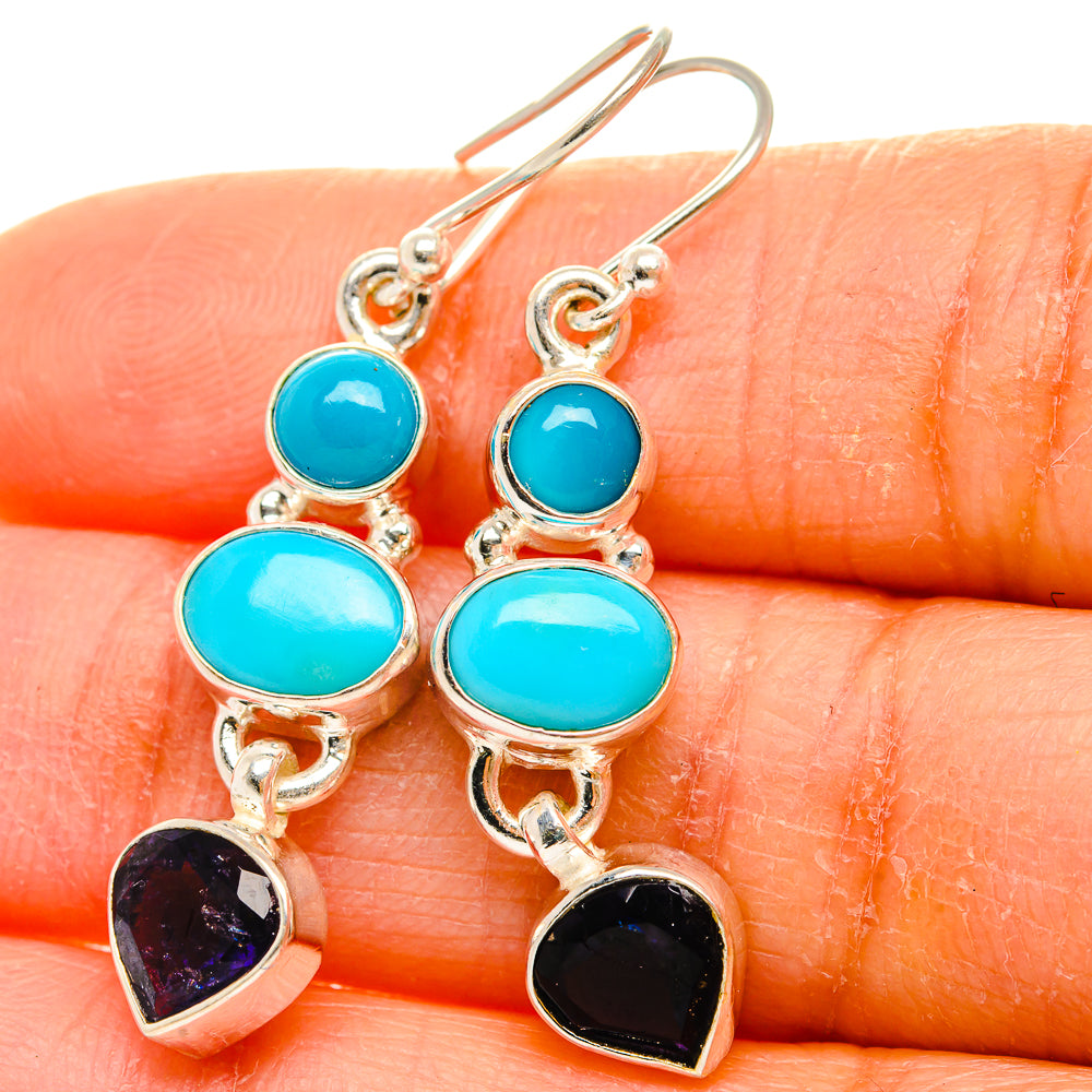 Turquoise bead and tanzanite heart drop earrings, 925 sterling silver hooks