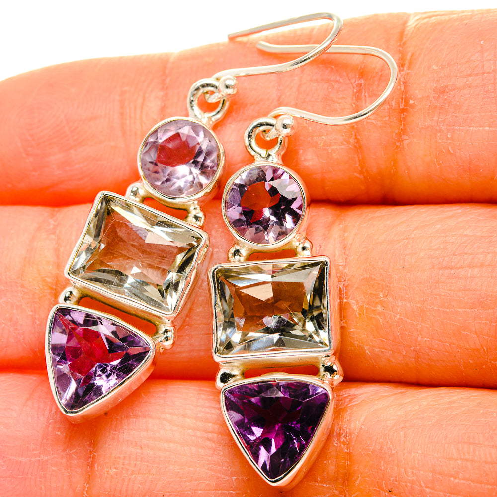 Silver gemstone drop earrings: round purple, square green, triangle purple accents