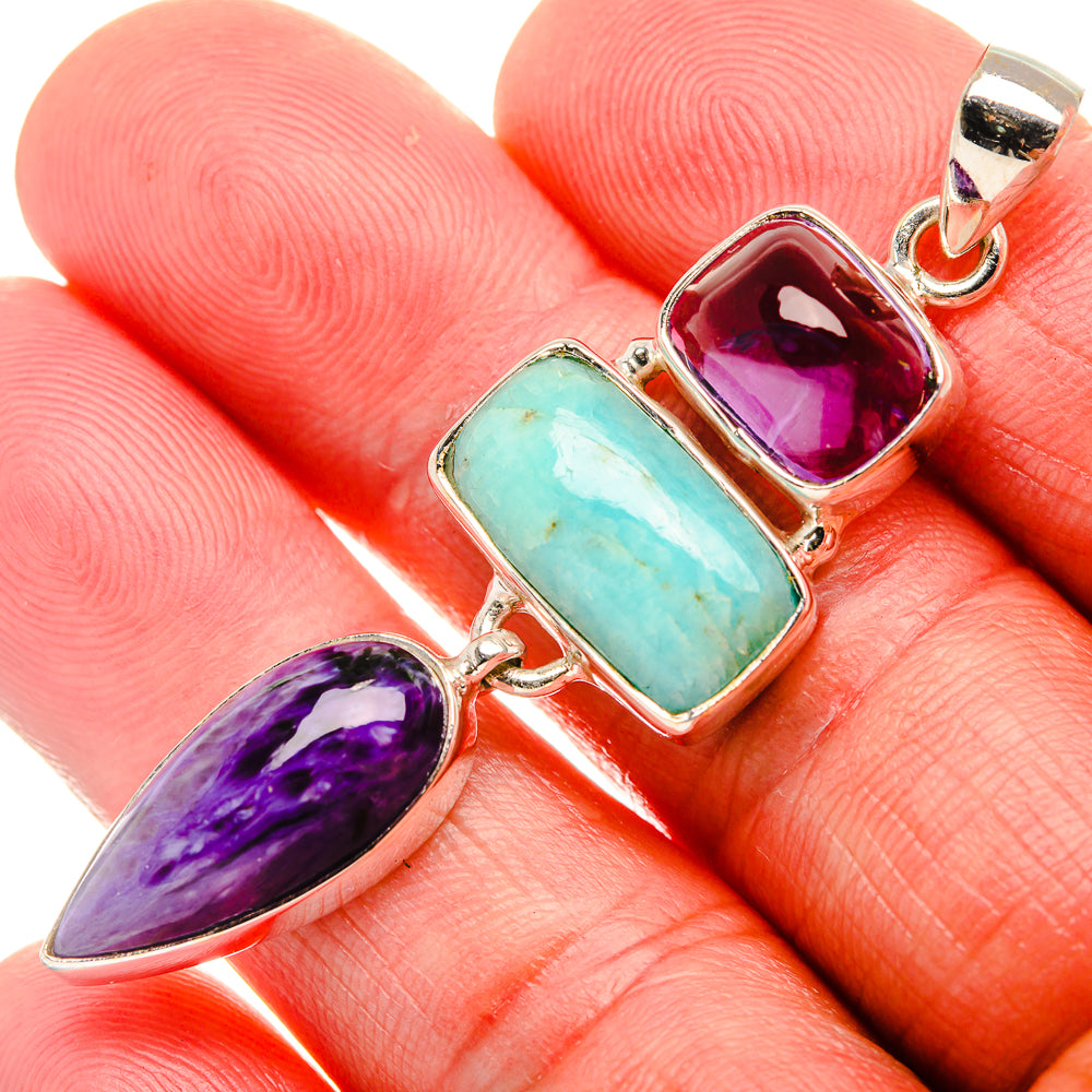 Amazonite, Charoite, Amethyst 925 Sterling Silver Pendant 2 1/4" (925 Sterling Silver) PD37702