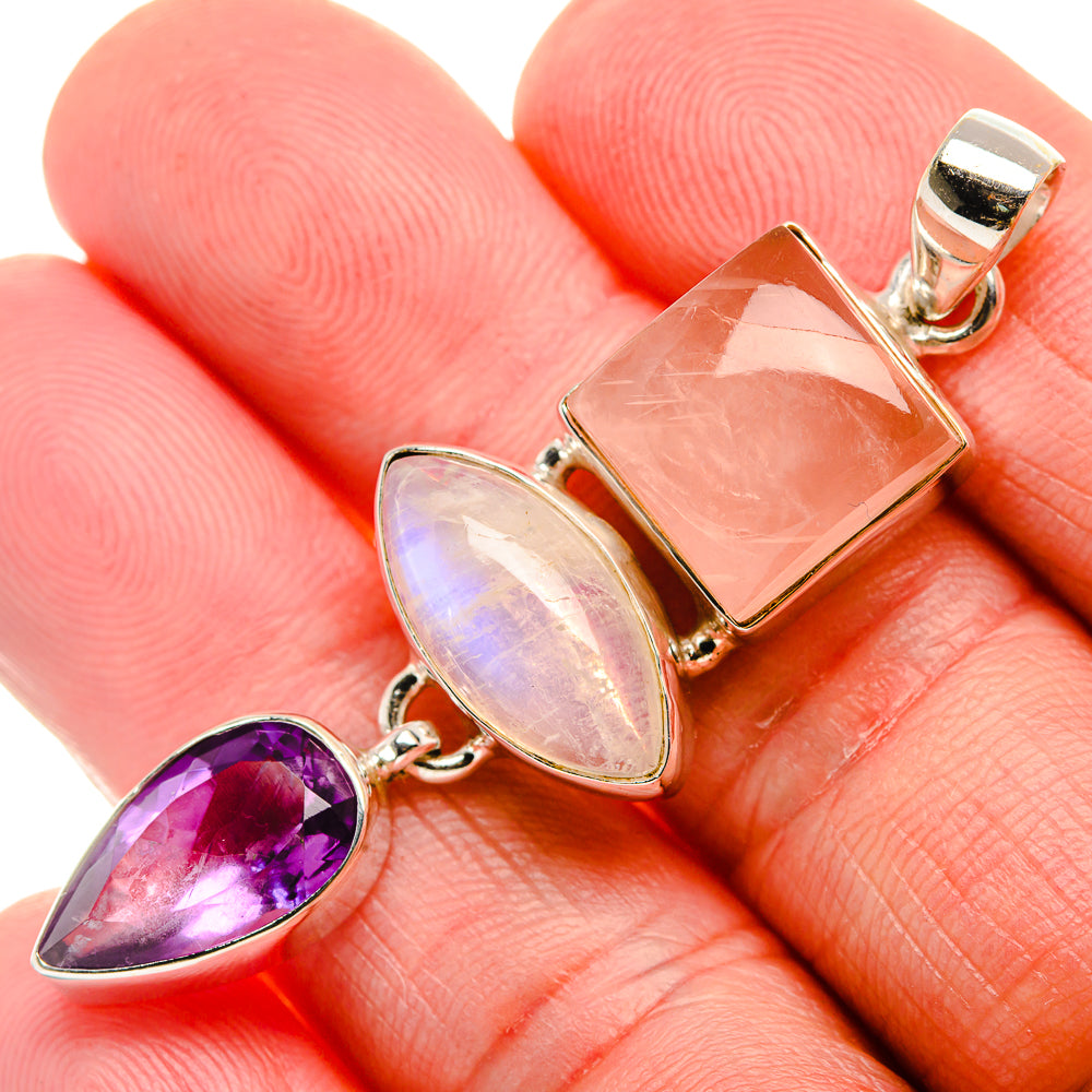 Rose Quartz, Rainbow Moonstone, Amethyst Pendant 2 1/4" (925 Sterling Silver) PD37527