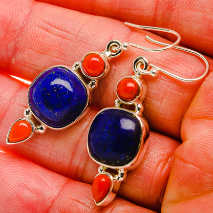 Lapis Lazuli, Red Coral 925 Sterling Silver Earrings 1 5/8" (925 Sterling Silver) EARR431917