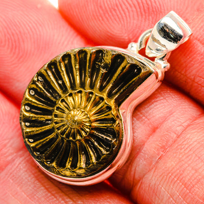 Pyrite Fossil 925 Sterling Silver Pendant 1 3/8" (925 Sterling Silver) PD37634
