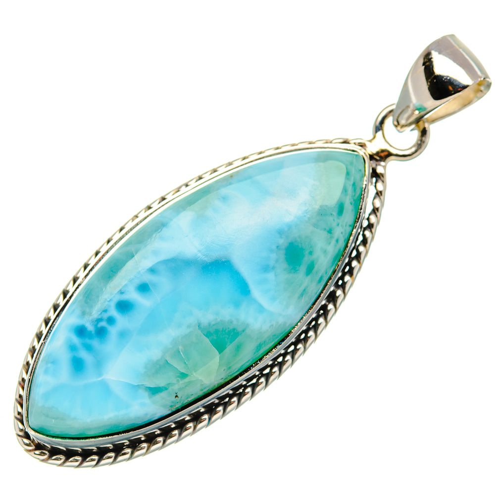 Larimar teardrop pendant, 925 sterling silver rope bezel and round bail with blue cabochon