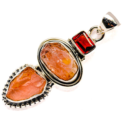 925 sterling silver pendant with rough rose quartz and garnet, oval and marquise stones