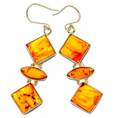 925 sterling silver amber dangle earrings with square and oval geometric stones