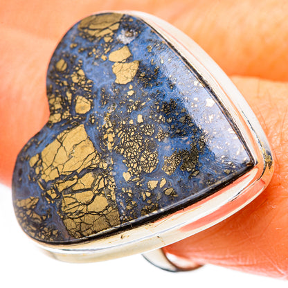 Heart-shaped blue pyrite stone ring with gold speckled pattern, silver setting