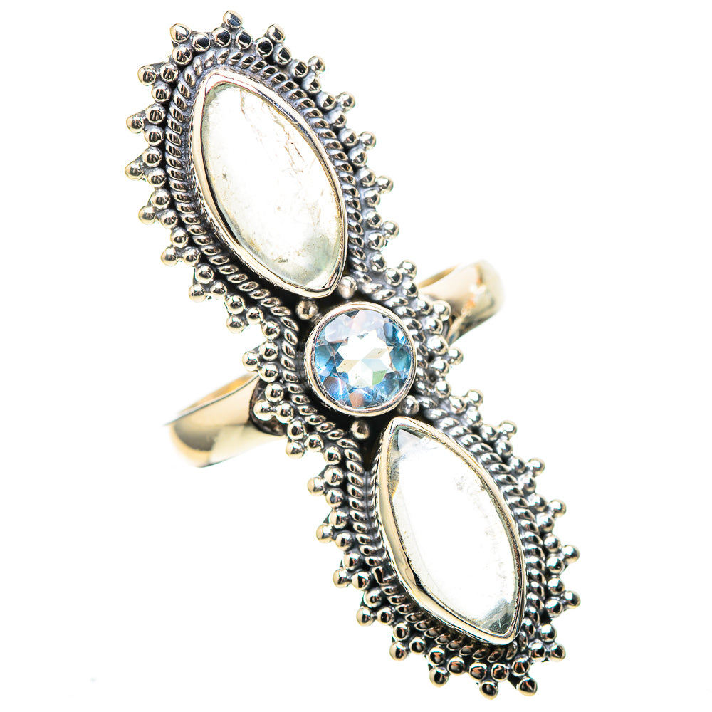 Sterling silver ring with oval moonstone and round blue topaz, ornate beaded setting