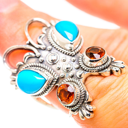 Sterling silver statement ring with turquoise teardrop and amber round stones