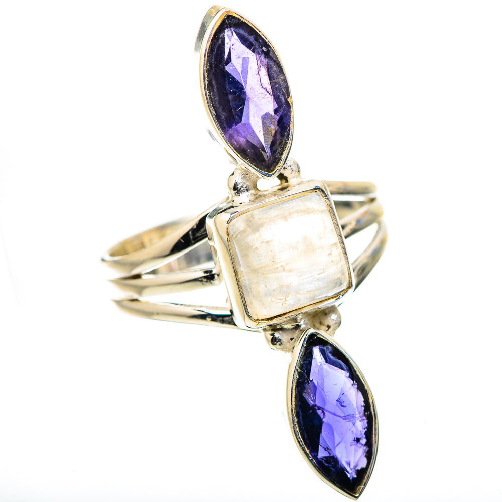 Sterling silver ring with oval purple stones and a square rainbow moonstone center