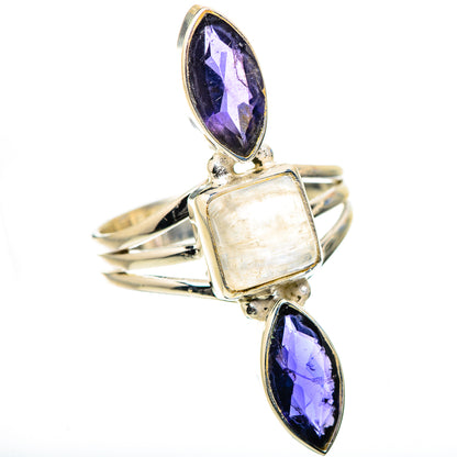 Sterling silver ring with oval purple stones and a square rainbow moonstone center