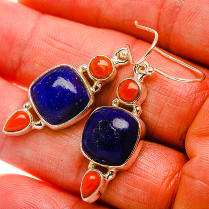 Lapis Lazuli, Red Coral 925 Sterling Silver Earrings 1 3/4" (925 Sterling Silver) EARR431941