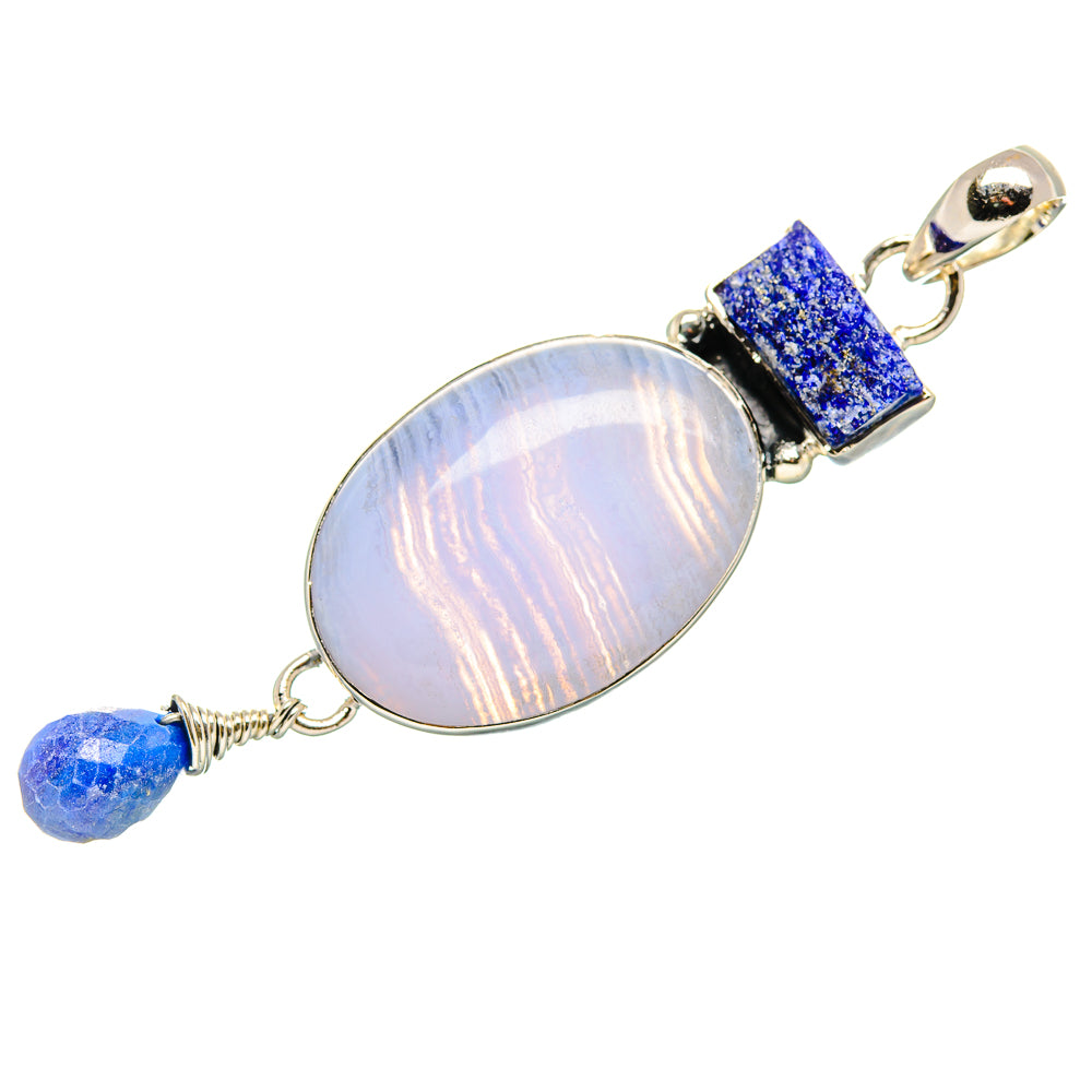 Oval blue lace agate pendant with blue lapis stone dangles; sterling silver bail