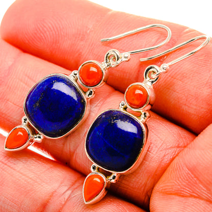 Lapis Lazuli, Red Coral 925 Sterling Silver Earrings 1 3/4" (925 Sterling Silver) EARR431949