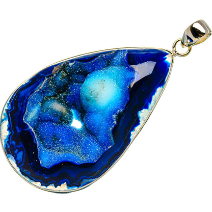 Blue druzy teardrop pendant in polished sterling silver with side bail