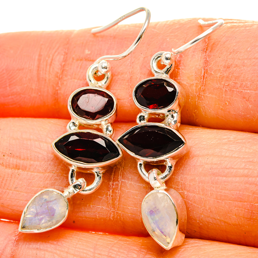 Garnet, Rainbow Moonstone Earrings 1 3/4" (925 Sterling Silver) EARR431740