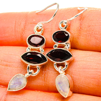 Garnet, Rainbow Moonstone Earrings 1 3/4" (925 Sterling Silver) EARR431740