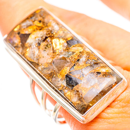 Rectangular labradorite 925 sterling silver ring with golden-brown rock texture