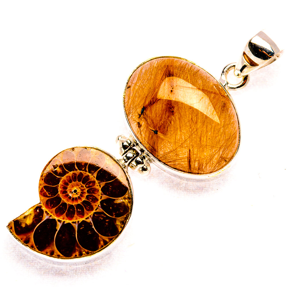 Sterling silver pendant with oval amber rutilated quartz and fossil slice