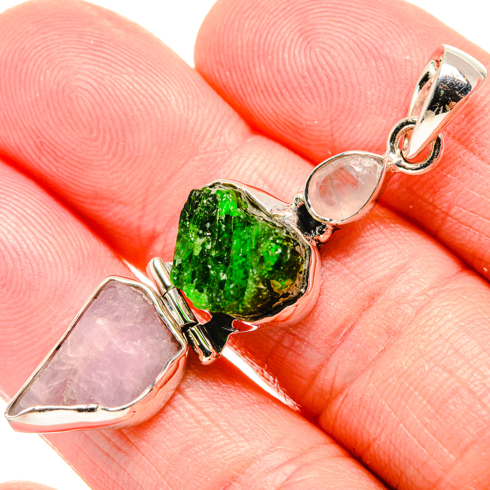 Rough Chrome Diopside, Kunzite, Rose Quartz Pendant 2" (925 Sterling Silver) PD36746