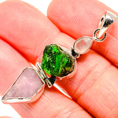 Rough Chrome Diopside, Kunzite, Rose Quartz Pendant 2" (925 Sterling Silver) PD36746