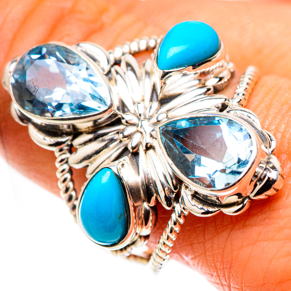 Silver flower ring with blue topaz-like teardrop stones and turquoise accents, size 9.75