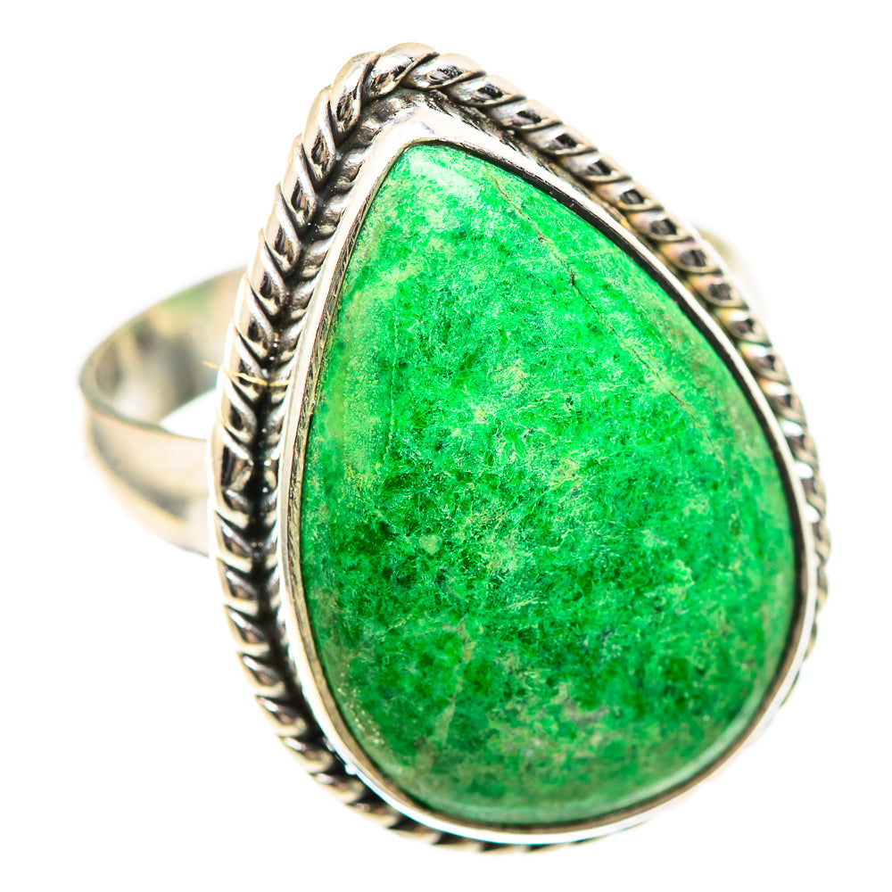 Sterling silver ring with bezel-set green teardrop gemstone and braided edge