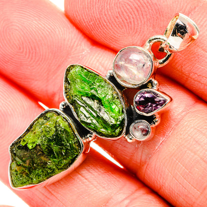 Rough Chrome Diopside, Rainbow Moonstone, Kunzite Pendant 1 3/4" (925 Sterling Silver) PD36819