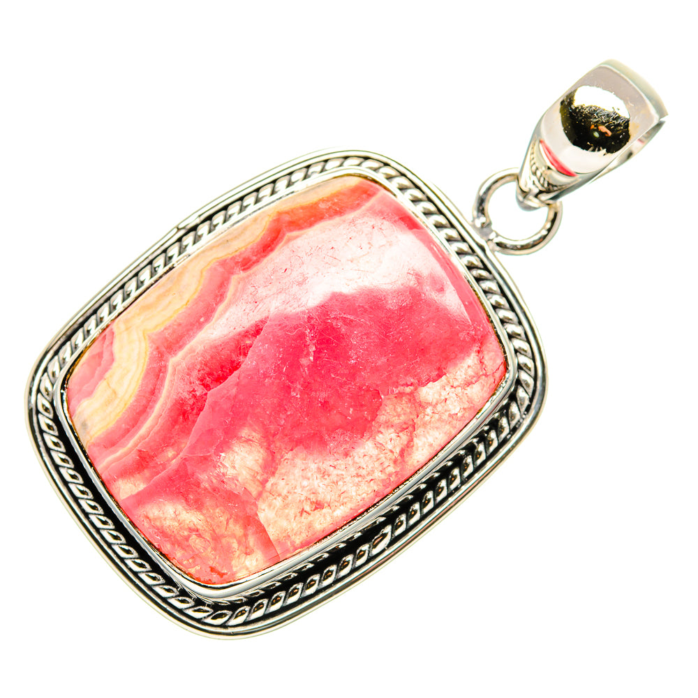 Rhodochrosite pendant with pink-red stone and 925 sterling silver bail, ornate frame