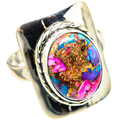 Sterling silver oval statement ring, swirling leaf-like metalwork around pink blue inlay