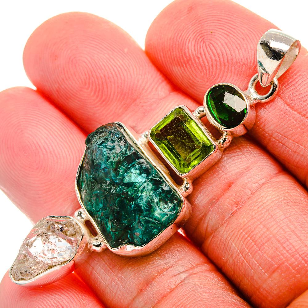 Rough Apatite, Herkimer Diamond, Peridot, Green Aventurine 925 Sterling Silver Pendant 2 3/8" (925 Sterling Silver) PD37643