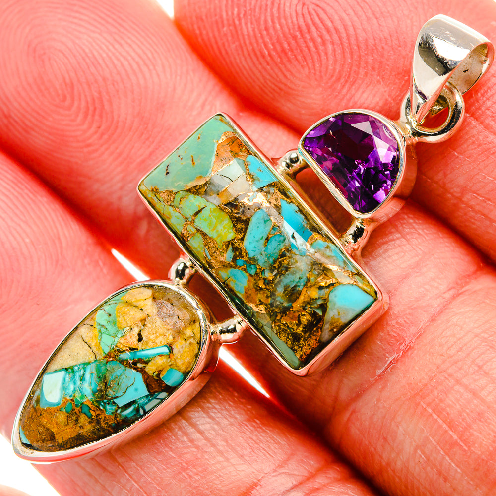 925 sterling silver pendant with turquoise and amethyst gemstones, close-up
