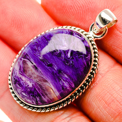 Oval teardrop charoite pendant with purple stone, rope-edge 925 sterling silver setting