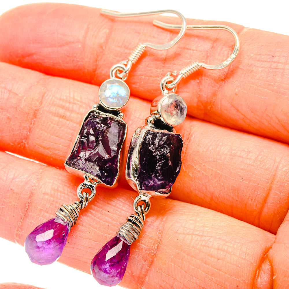 Rough Amethyst, Rainbow Moonstone Earrings 2" (925 Sterling Silver) EARR431490