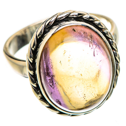 Oval ametrine cabochon ring in braided sterling silver setting, multicolor gemstone