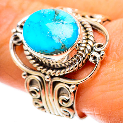 Turquoise cabochon sterling silver ring with ornate filigree band, size 10.25