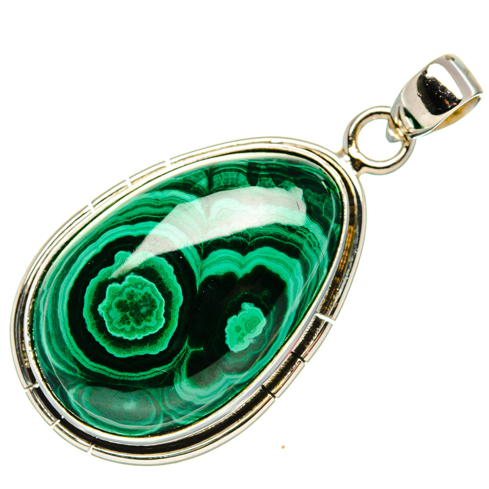 Oval malachite pendant, 925 sterling silver setting with round bail and green stone