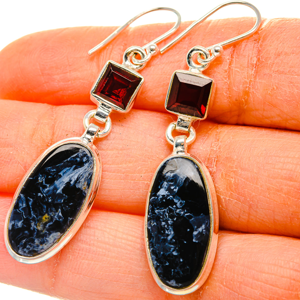 925 sterling silver earrings with red square garnet and oval blue pietersite drops