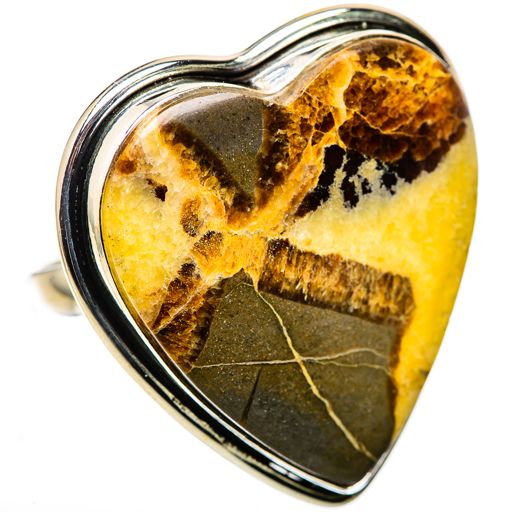 Heart-shaped septarian nodule ring with yellow, amber and black stone in sterling silver