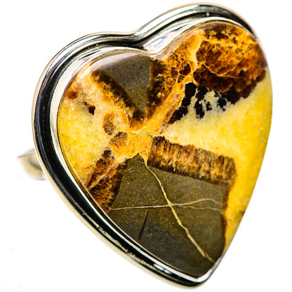Heart-shaped septarian nodule ring with yellow, amber and black stone in sterling silver