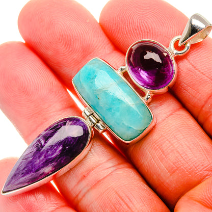 Charoite, Amazonite, Amethyst 925 Sterling Silver Pendant 2 1/2" (925 Sterling Silver) PD37728