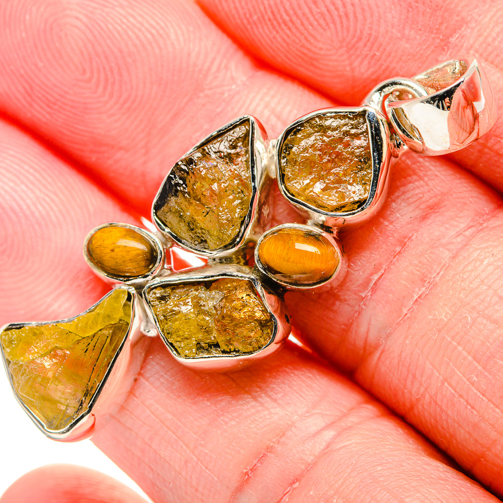 Rough tiger eye pendant in 925 sterling silver, mixed gold and amber stones, clasp bail