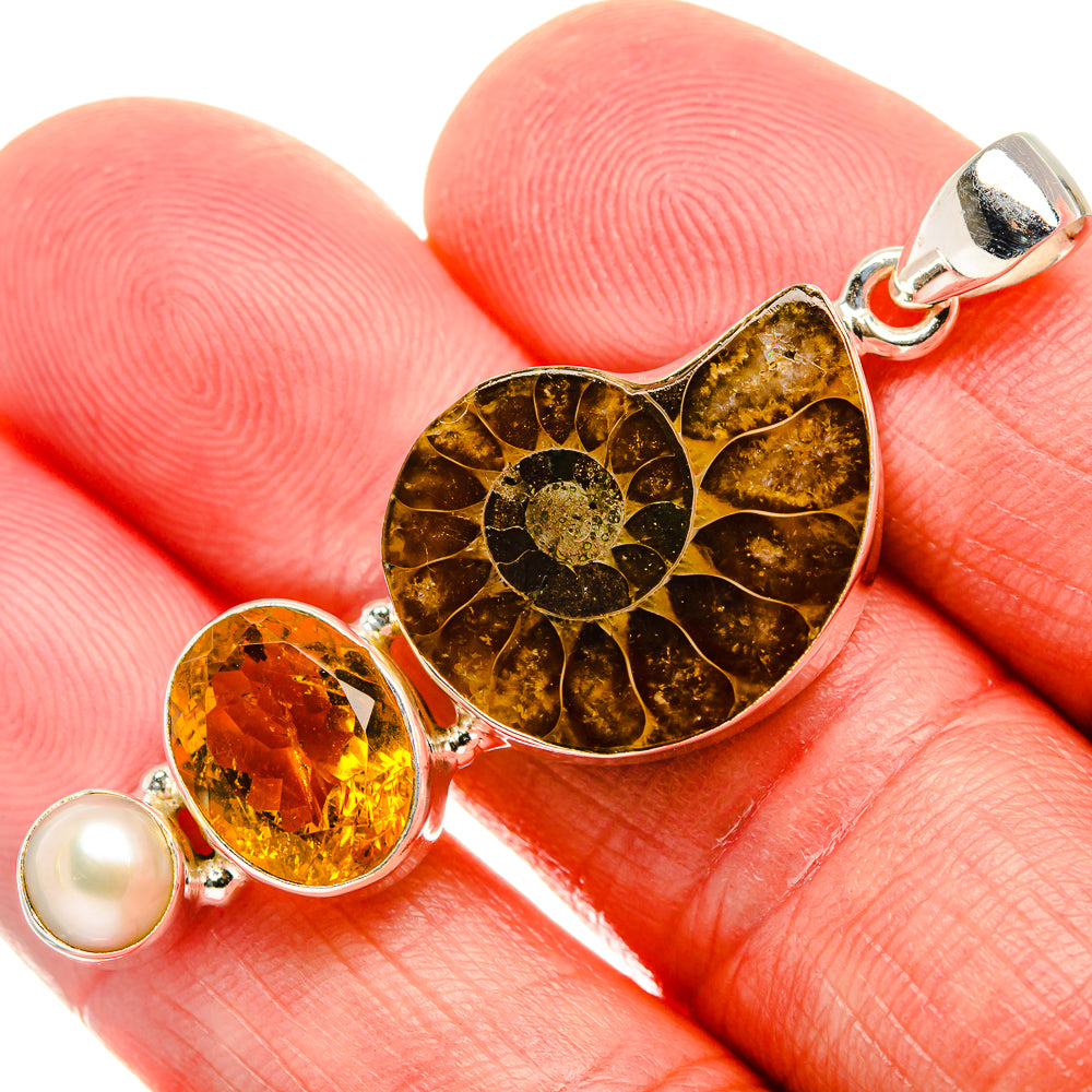 Ammonite Fossil, Citrine, Cultured Pearl Pendant 2" (925 Sterling Silver) PD37063