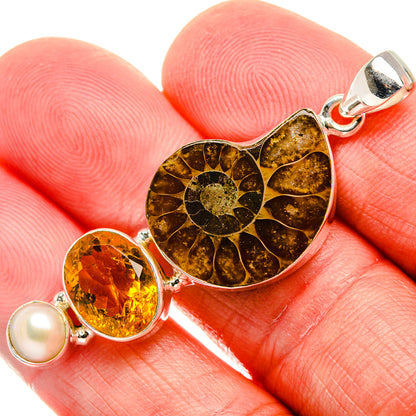 Ammonite Fossil, Citrine, Cultured Pearl Pendant 2" (925 Sterling Silver) PD37063