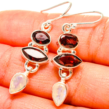 Garnet, Rainbow Moonstone Earrings 1 3/4" (925 Sterling Silver) EARR431601