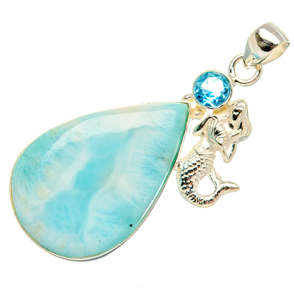 Sterling silver larimar teardrop pendant with blue topaz and seahorse charm