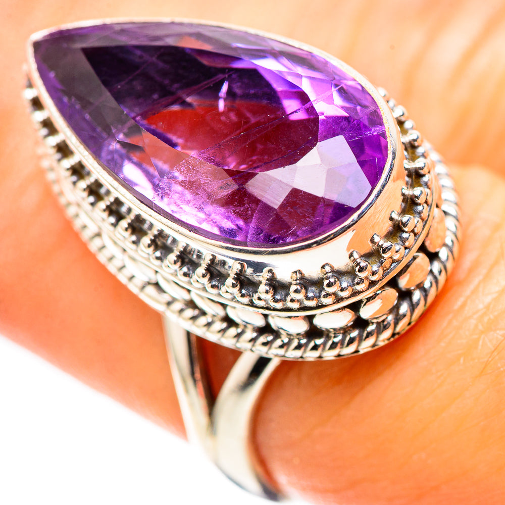 Large amethyst 925 sterling silver ring with faceted teardrop stone, ornate bezel