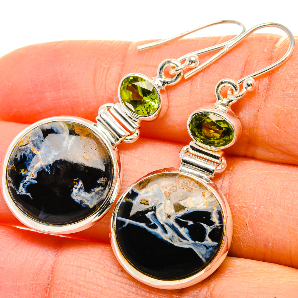 925 sterling silver drop earrings with round pietersite cabochon and green peridot top