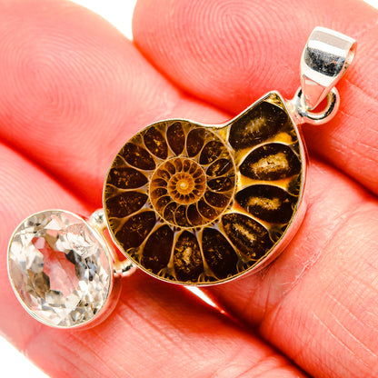 Ammonite Fossil, White Quartz Pendant 1 3/4"  (925 Sterling Silver) PD36916