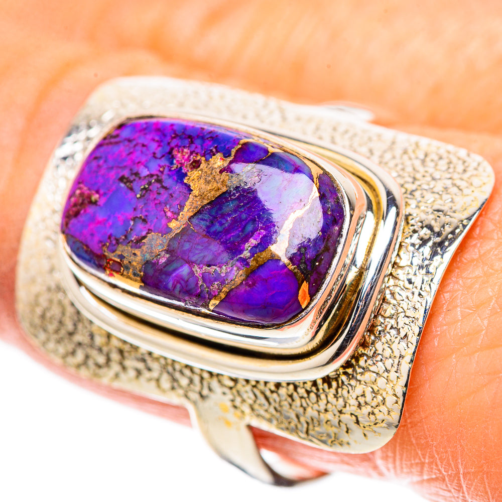 Sterling silver ring with oval purple turquoise cabochon and gold matrix, triple gold accents
