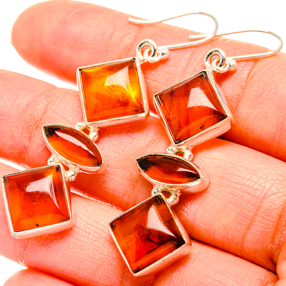 Sterling silver amber drop earrings with square and oval amber stones, dangle hooks